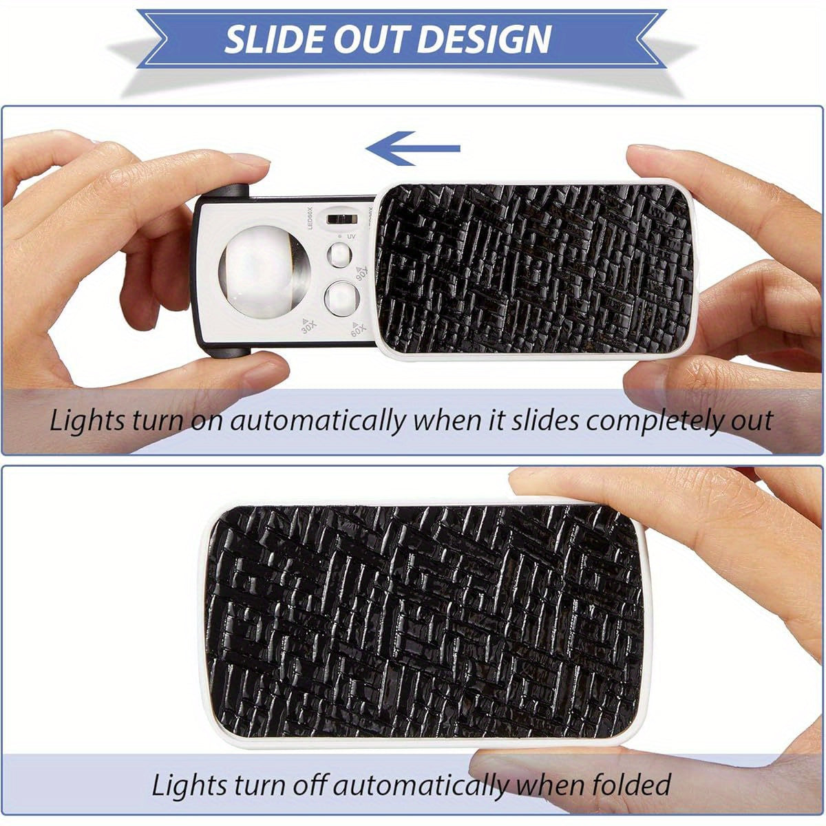 2pcs Illuminated Jeweler’s Loupe – 30X/60X/90X Magnifier with UV/LED