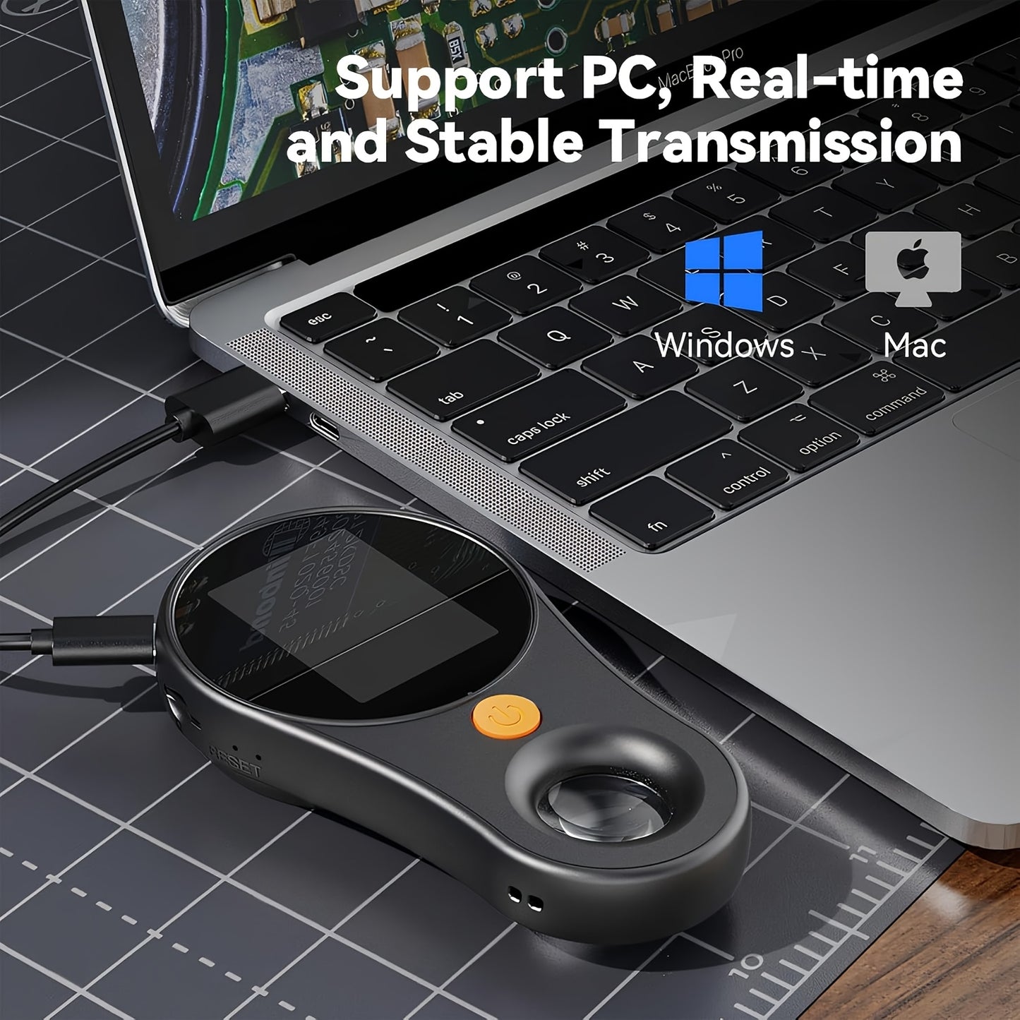 Laptop with a device on a grid surface, highlighting support for PC, real-time, and stable transmission.