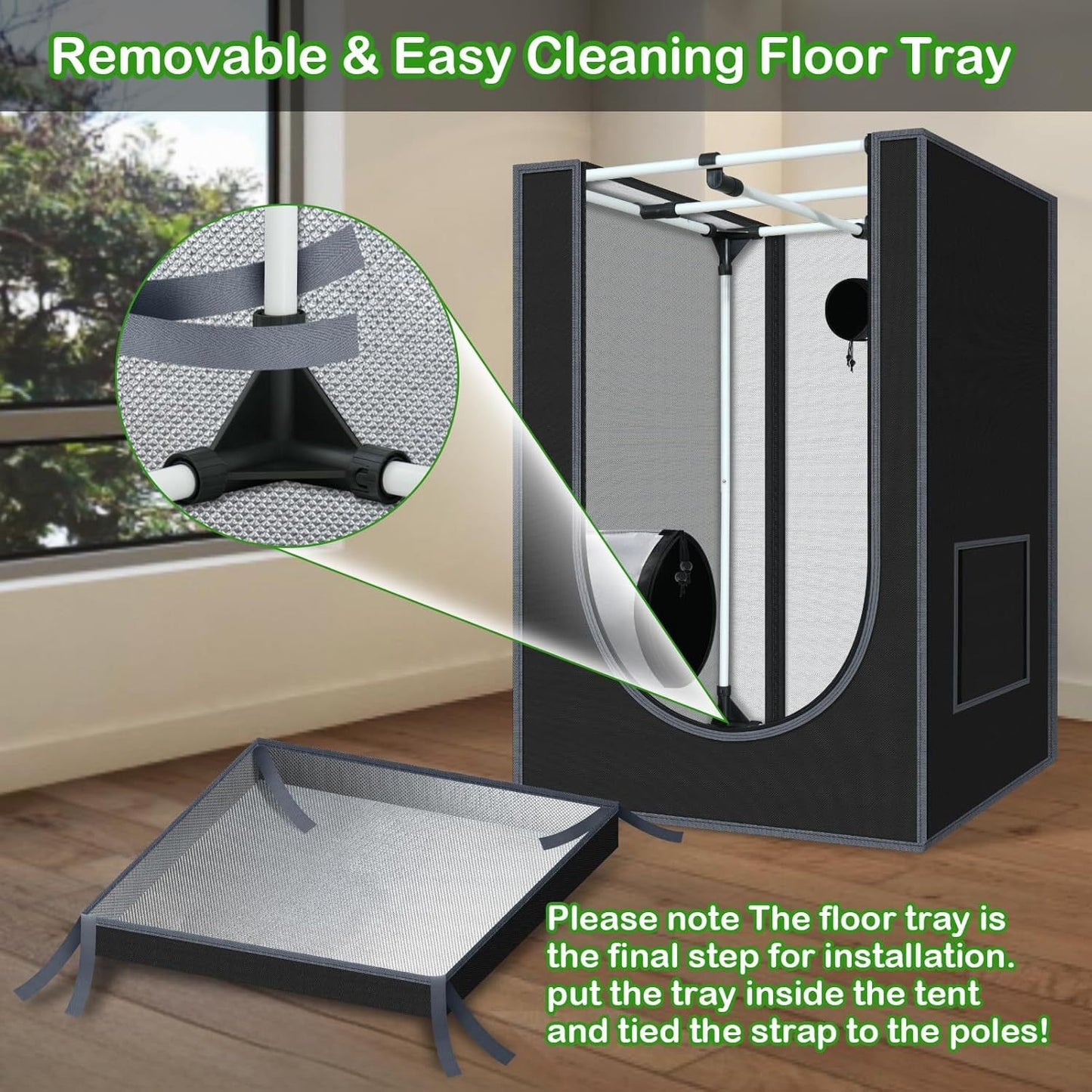 Removable and easy cleaning floor tray for a tent setup with close-up details.