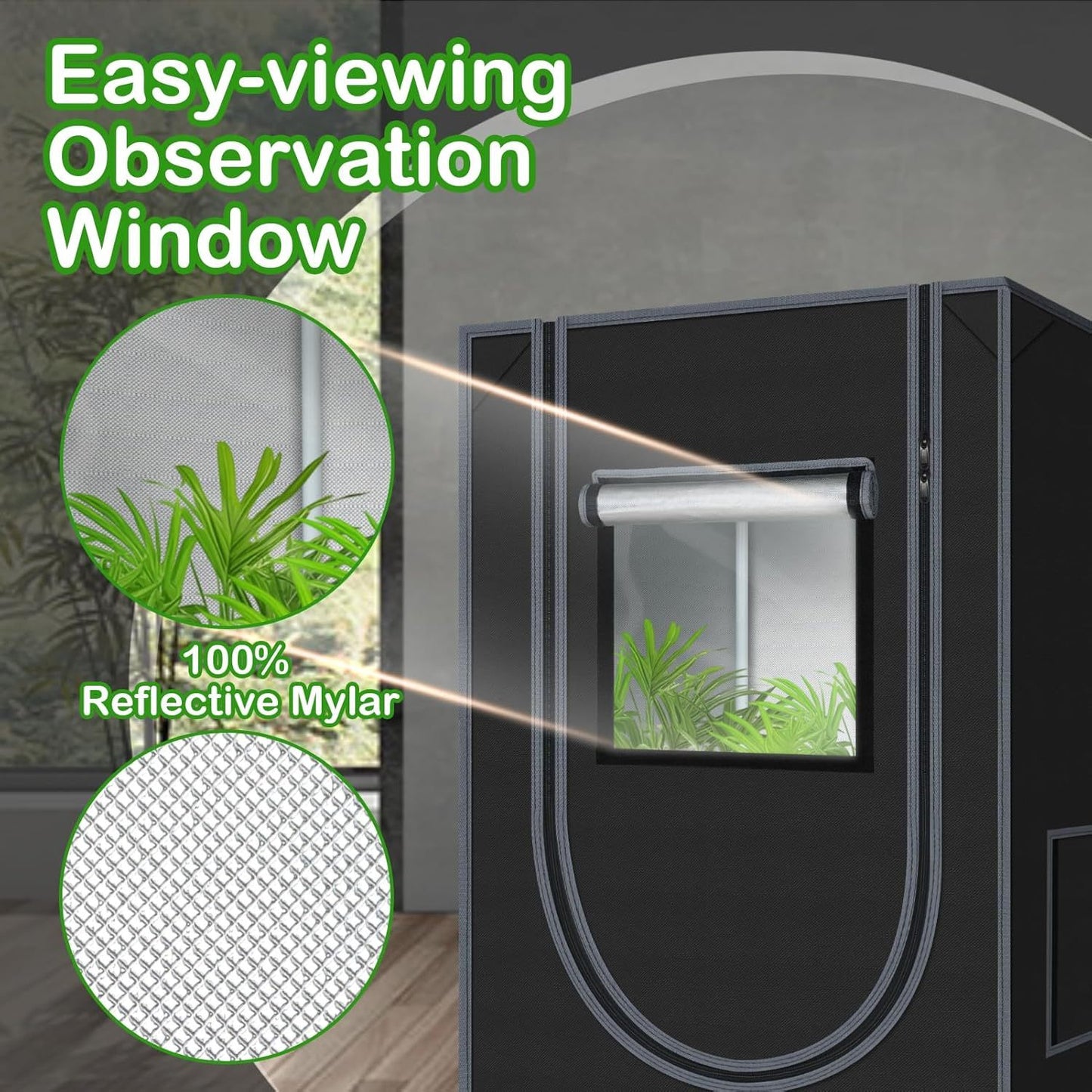 Garden shed with an observation window featuring reflective mylar, surrounded by plants.