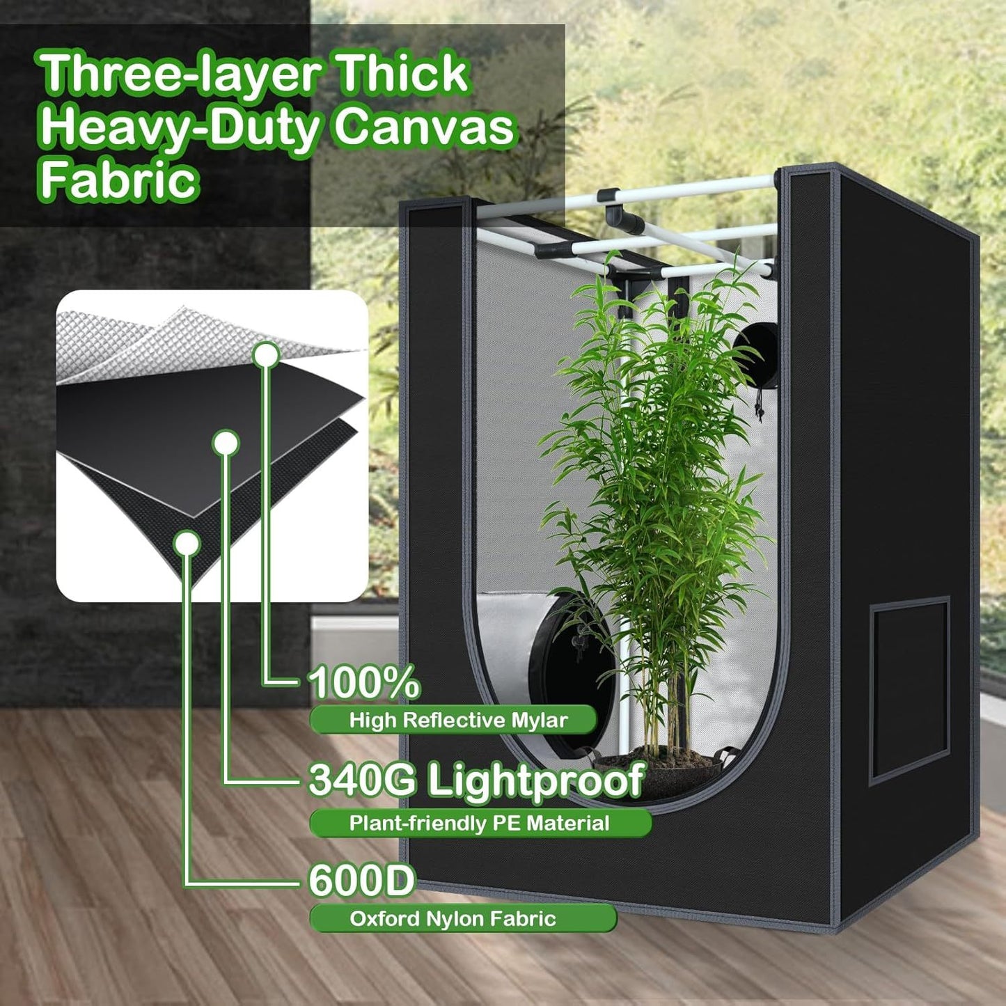 Black grow tent with plant inside, featuring text on fabric types and materials.