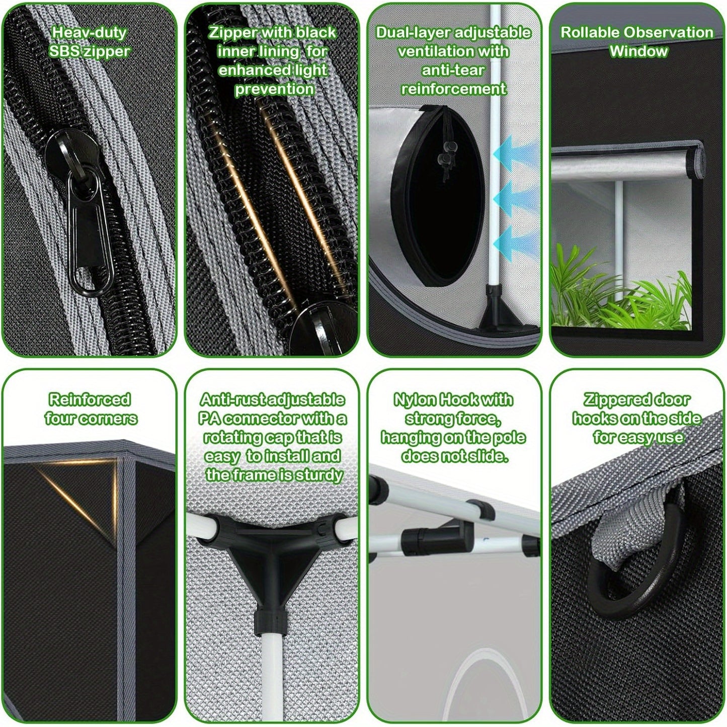 Collage of features and specifications of a product with text labels.