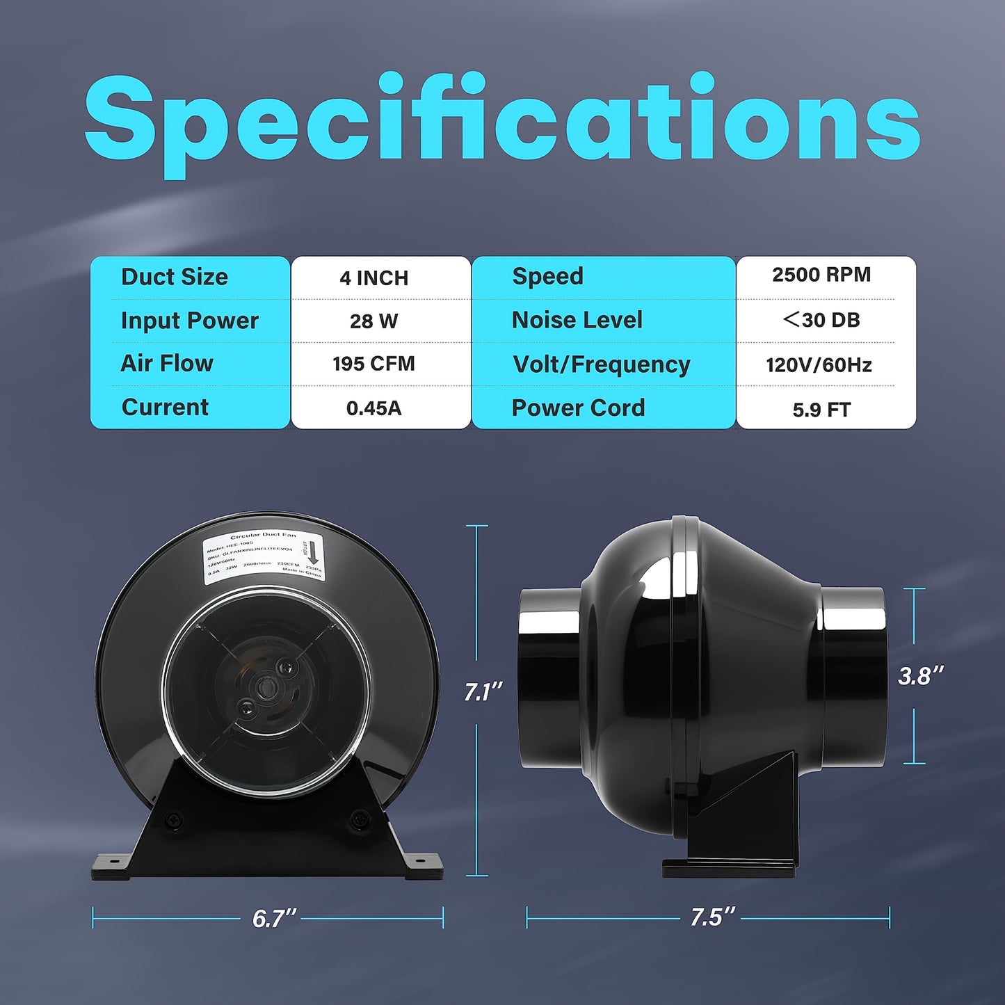 Dimension image of Inline Duct Fan and its specifications.