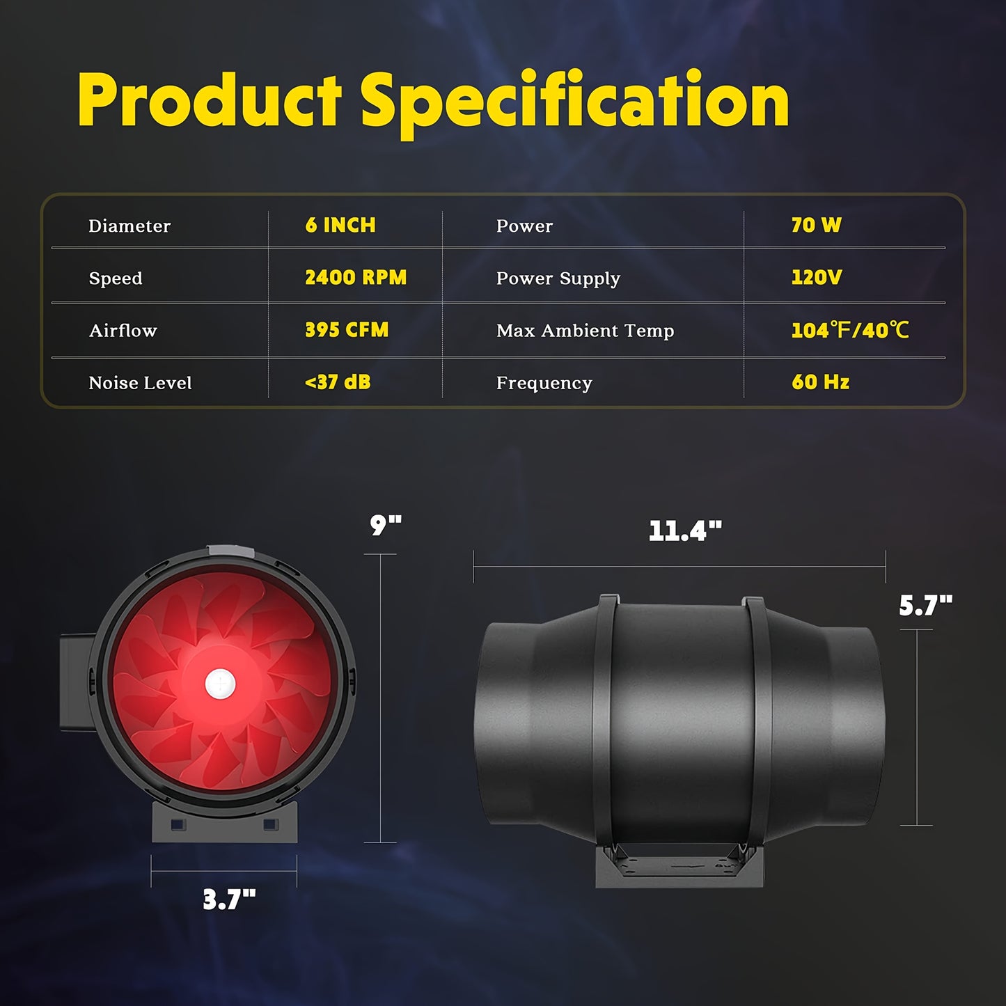 Product specification chart with a fan and its dimensions on a dark background