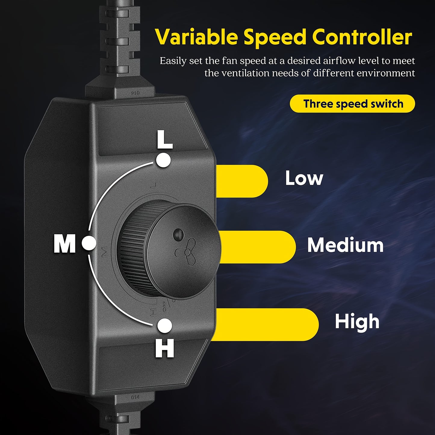 Variable speed controller with three speed switch labels on a dark background