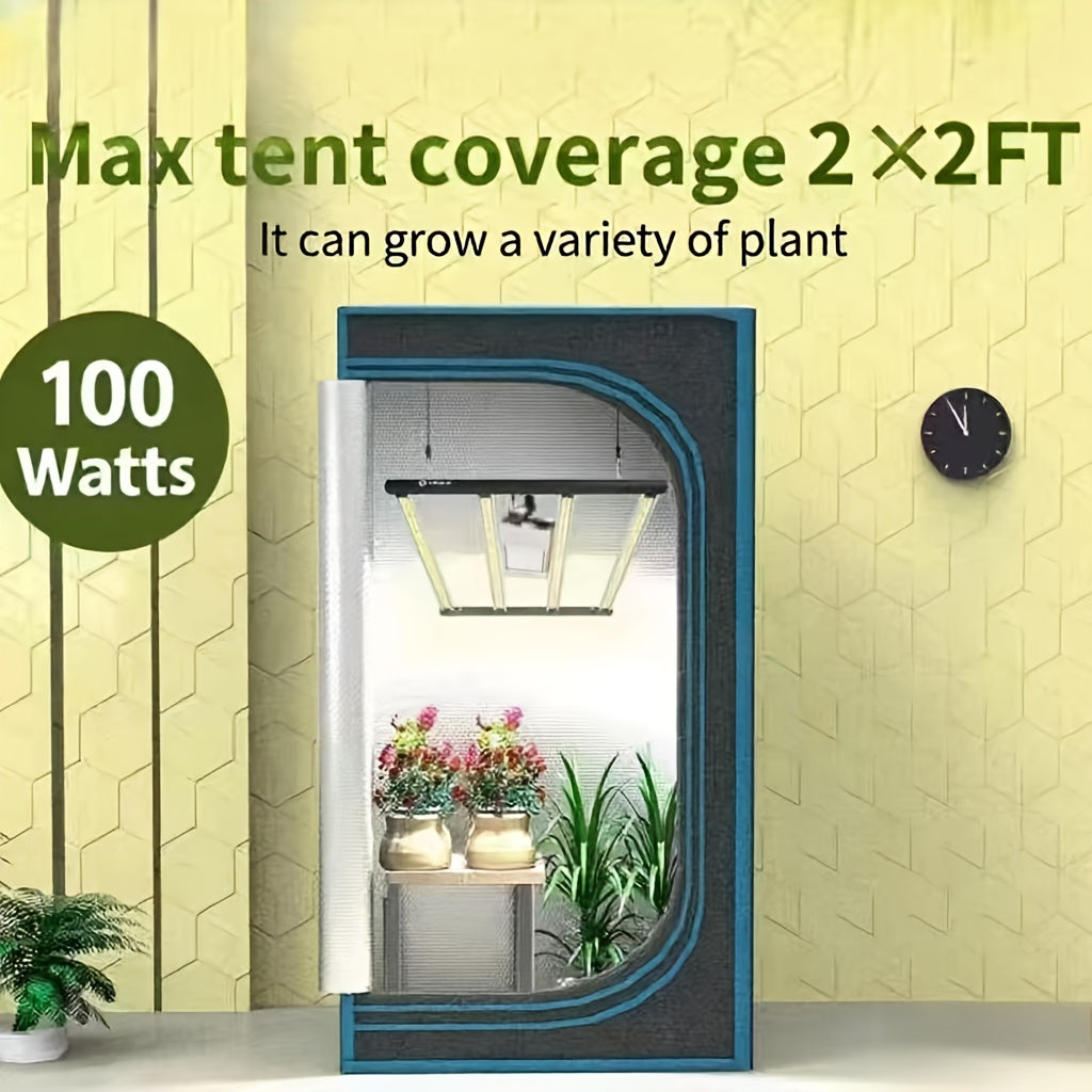 Small indoor garden with plants and a light fixture, featuring text about tent coverage and power rating.