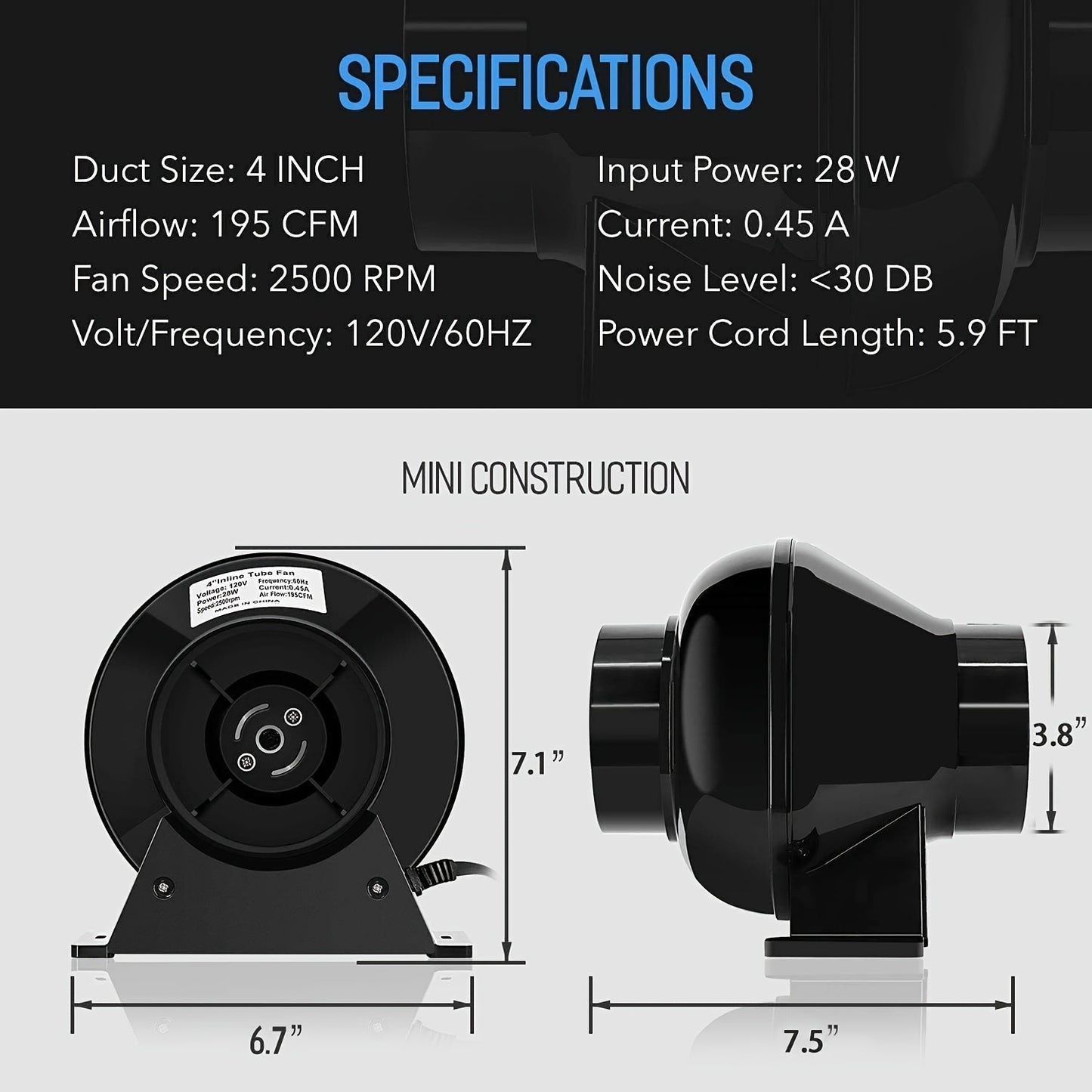 Energy-Efficient & Ultra-Quiet Ventilation 4" Fan with Aluminum Duck
