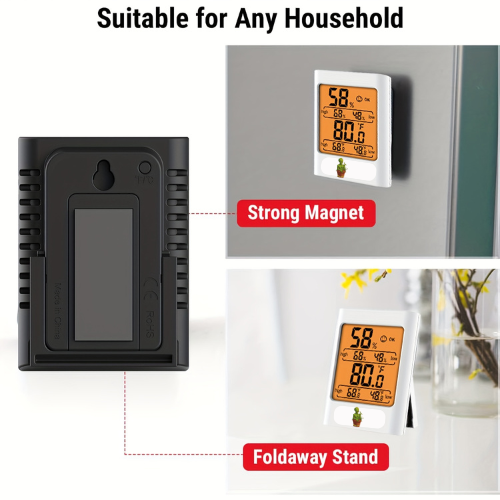 Digital thermometer with strong magnet and foldaway stand features on a white background