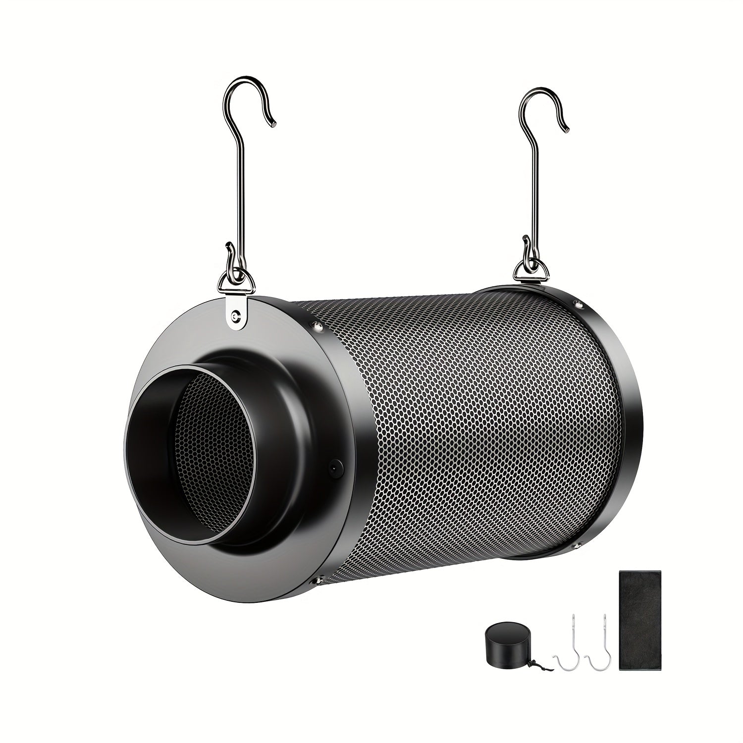 Black metal cylindrical diffuser with hooks on a white background
