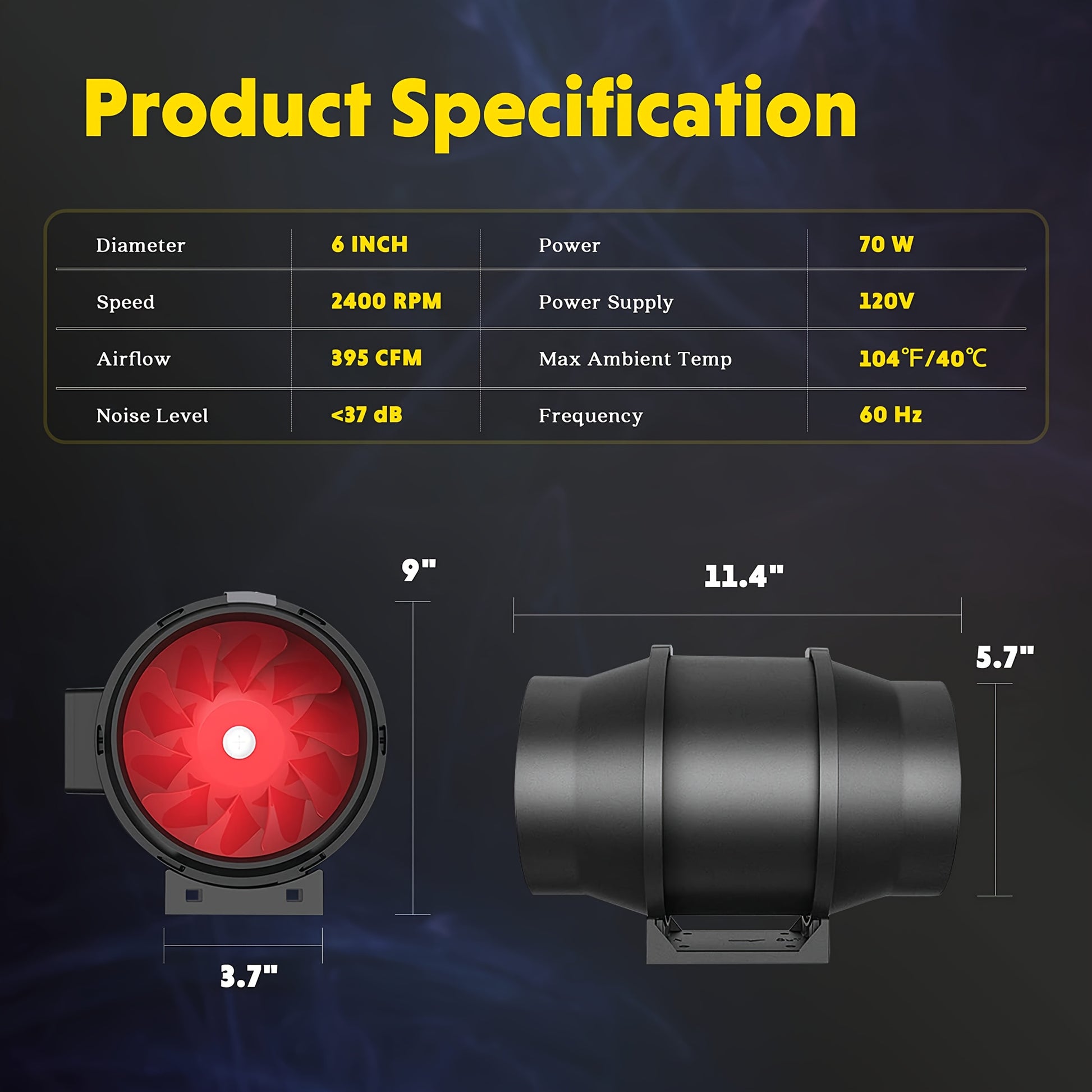 Product specification chart with a fan and its dimensions on a dark background