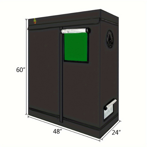 Black storage cabinet with green door and dimensions labeled on a white background