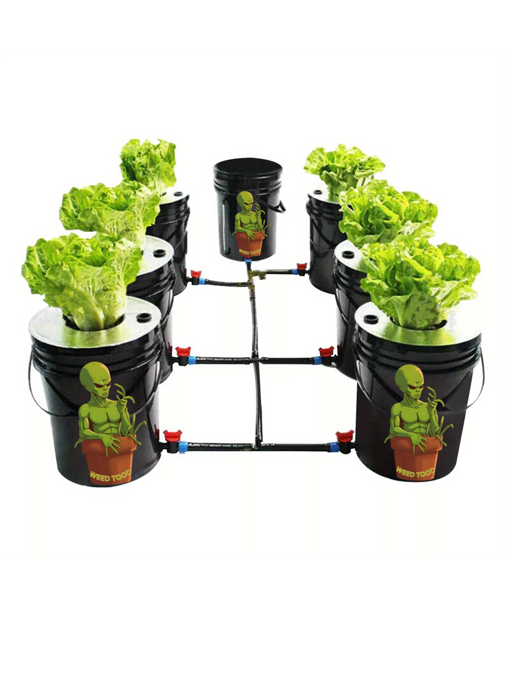 Hydroponic system with buckets and plants on a white background
